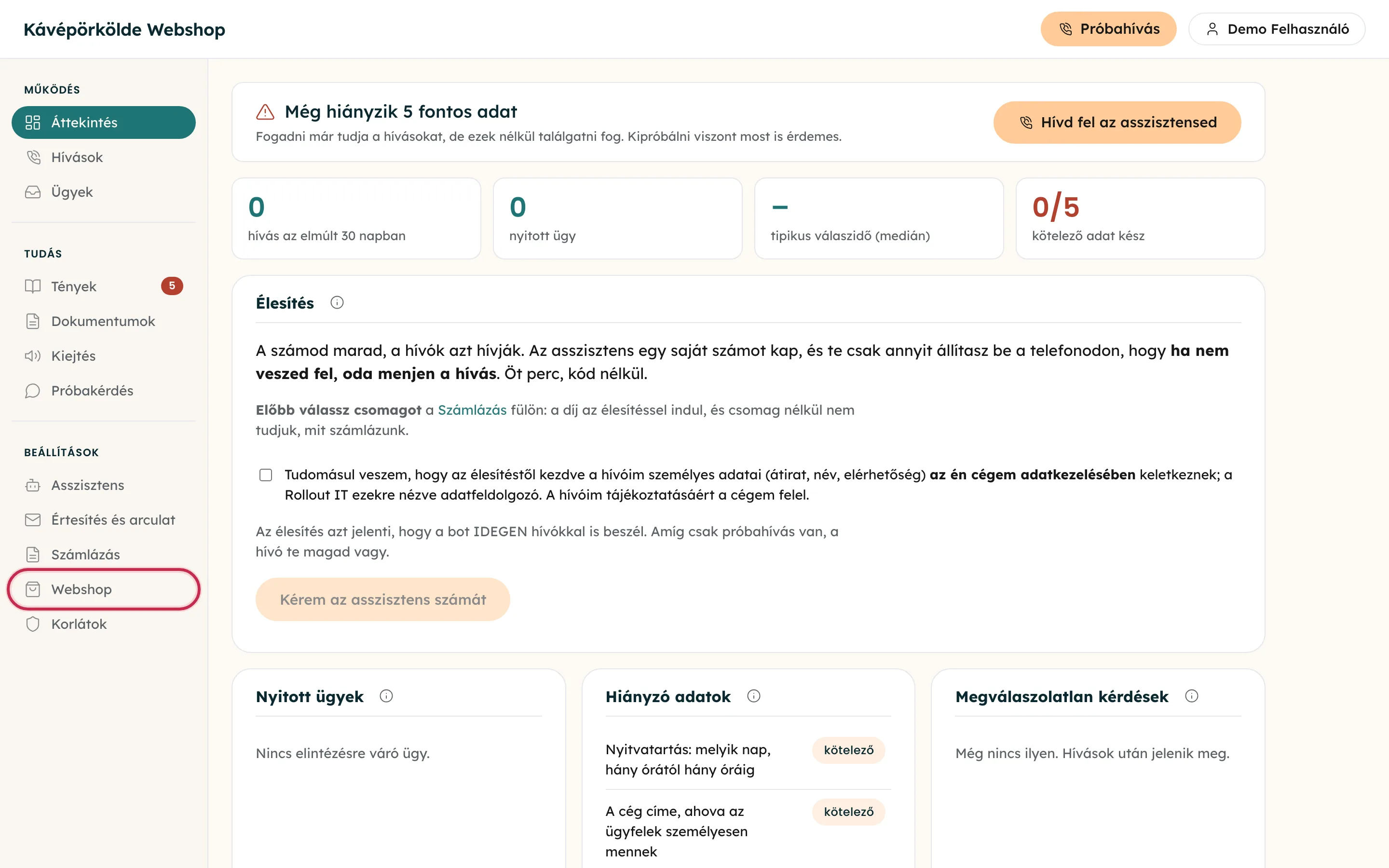 Nyisd meg a Webshop beállítást